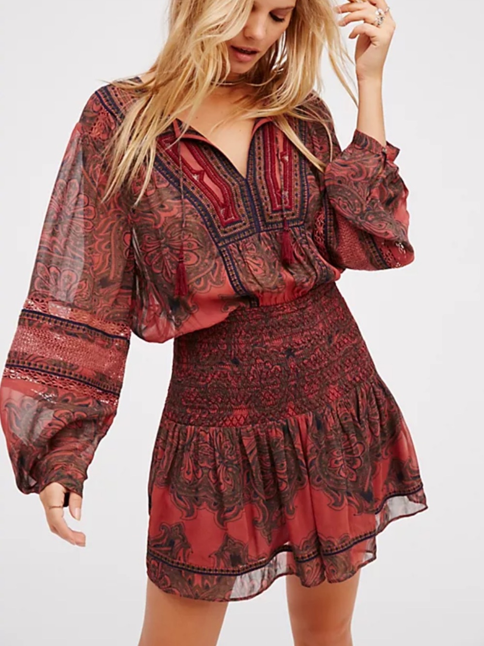 Free People Roman Paisley Embroidered Boho Dress Fairy Drop Waist Small Tassels